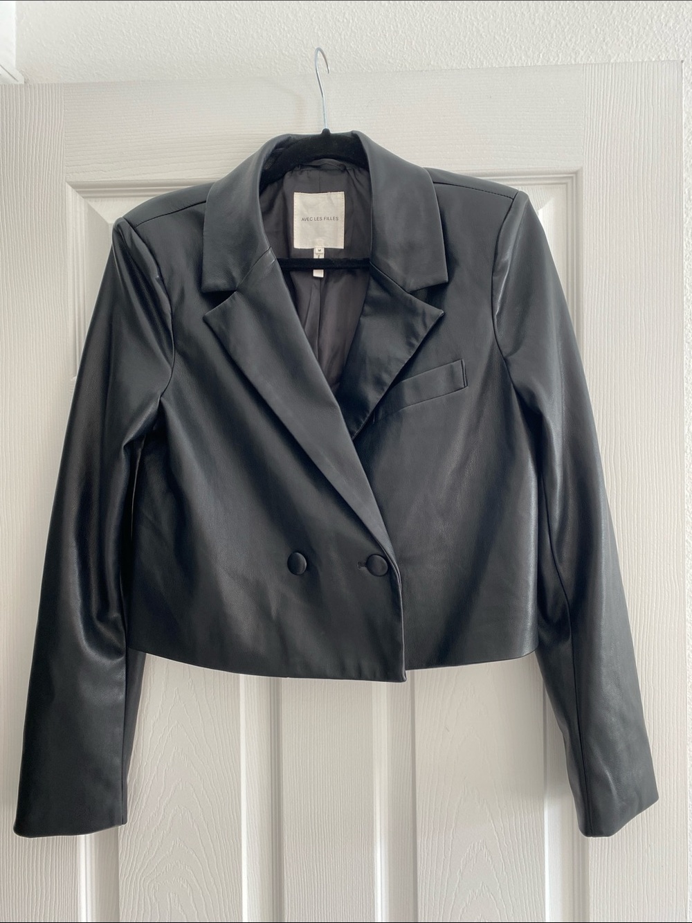 Avec Les Filles Black Cropped Faux Leather Blazer